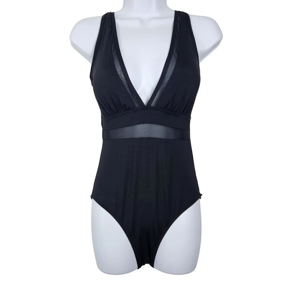 Tempt Me One Piece Womens Med Bathing Suit Black Mesh V-Neck Tummy Control - Picture 3 of 10
